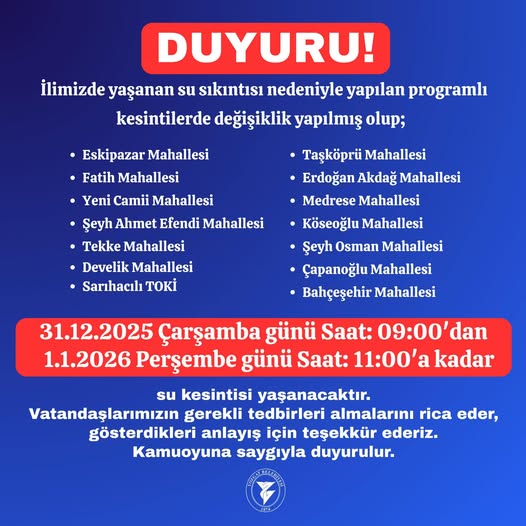 Yozgat’ta Yeni Yıla Susuz Girilecek: 14 Mahallede Uzun Süreli Su Kesintisi